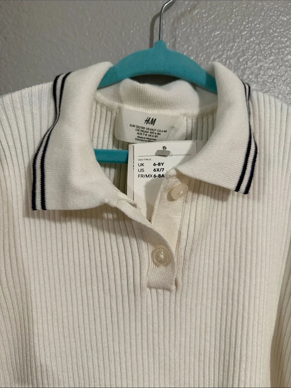 H&M knit collar ribbed top sweater 6/7 years girls new white black accent